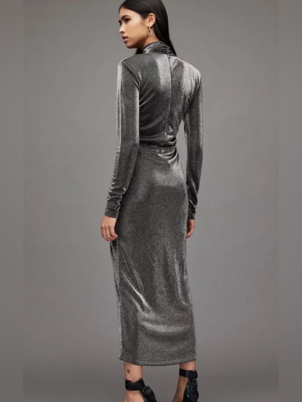 All Saints Silver Metallic Ayla High Neck Maxi Modern Party Dress 6 - Picture 4 of 14